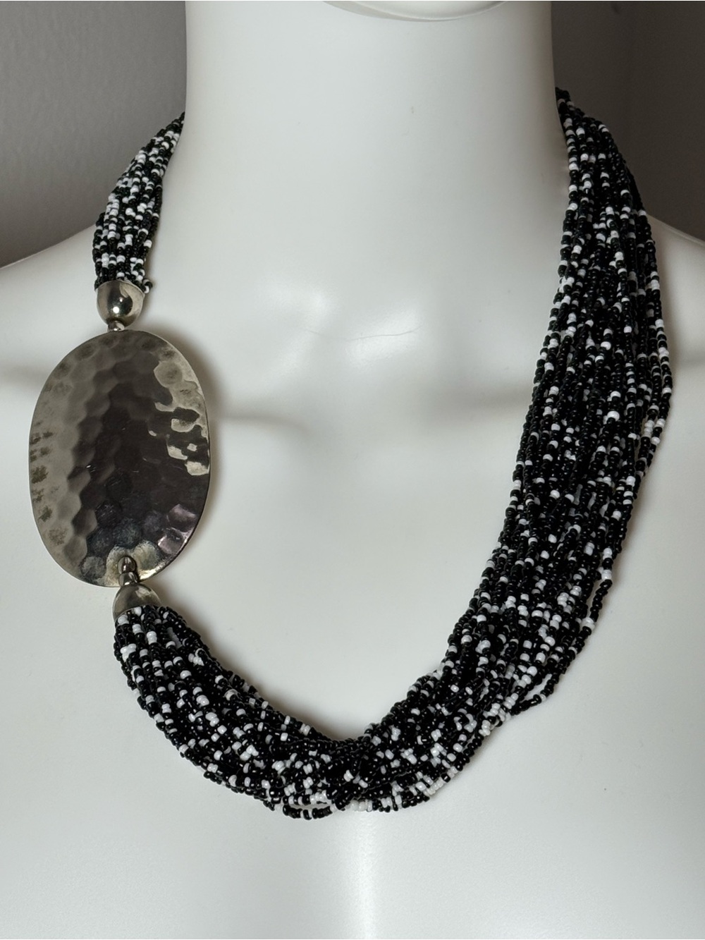 Vintage Multi-Strand Black & Silver Beaded  Necklace with Hammered Pendant
